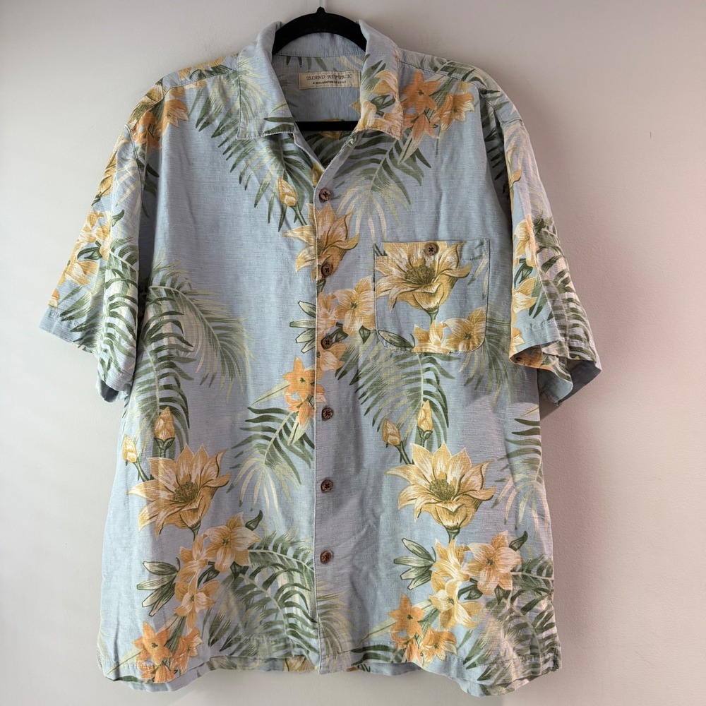 Island Republic Hawaiian Shirt Mens XL Blue Yellow Silk Blend Floral Tropical